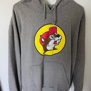 this is a gray hoodie with a bucees logo on it!